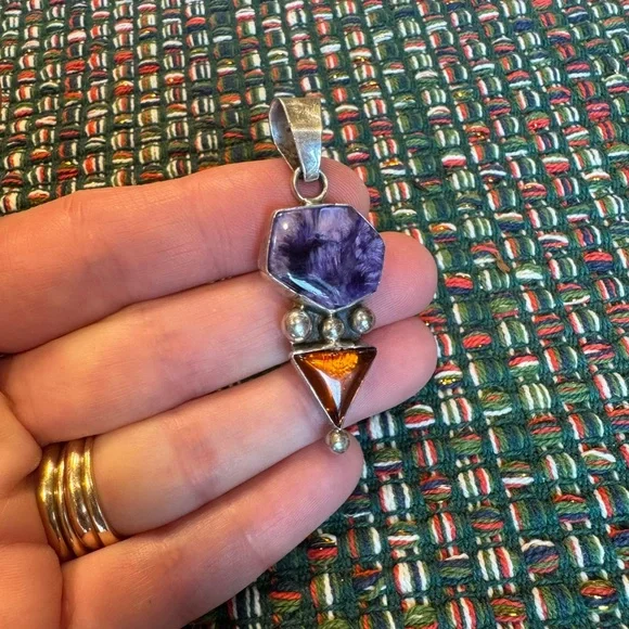 Vintage Navajo Artisan Thomas Francisco Sterling Silver Charoite Amber Pendant. - Picture 12 of 16